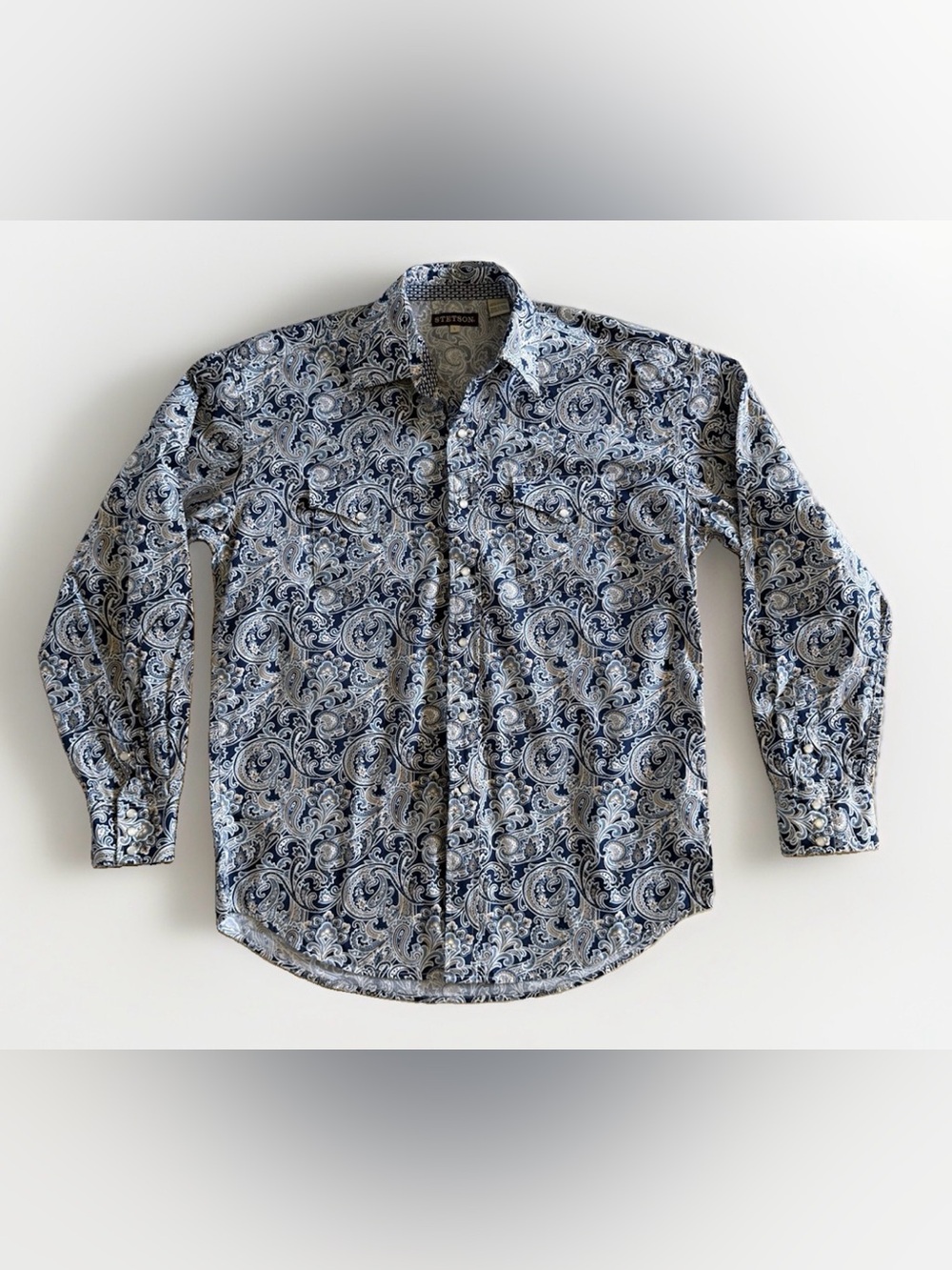 Stetson Mens L Blue Paisley Pearl Snap Western Cowboy Shirt